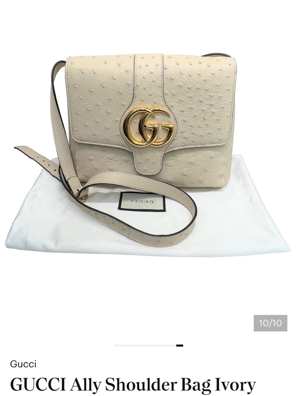 Gucci Ivory Ostrich-Embossed GG Shoulder Bag with Gold Hardware - Picture 3 of 16